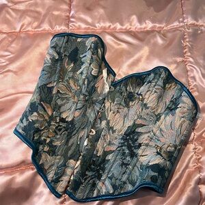 Floral Tapestry Corset Crop Top in Teal